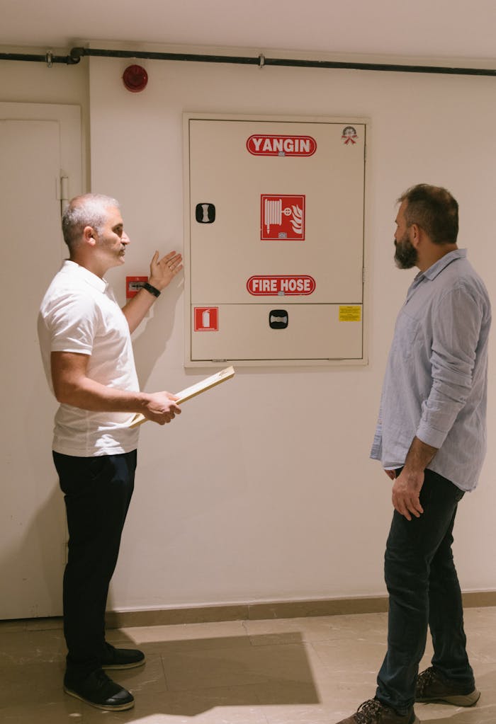 Two men conducting a fire safety inspection near a fire hose cabinet.